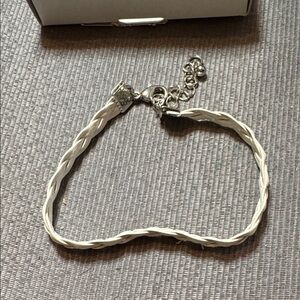 Braided White Leather Bracelet with Silver-Tone Clasp